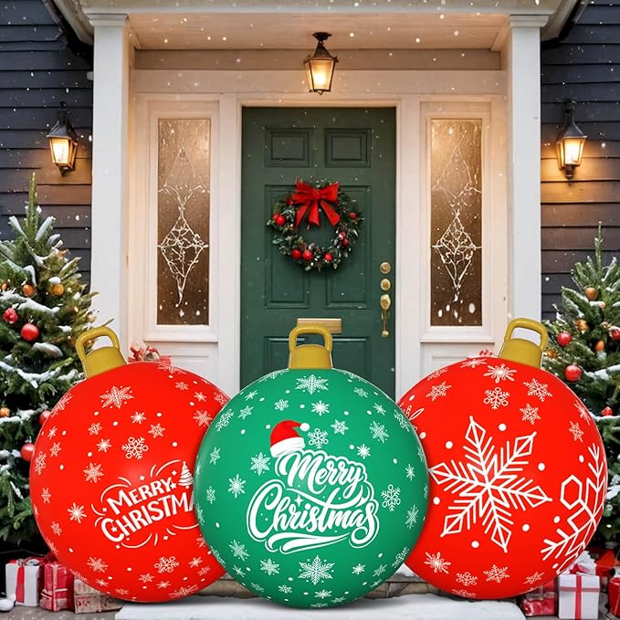 Flasoo 3 Pack Giant Christmas Ornaments, 24 Inch Inflatable Ornaments Balls Outdoor for Christmas Decorations, Giant Outdoor Jingle Bells for Front Door Yard Tree Hanging Decoration