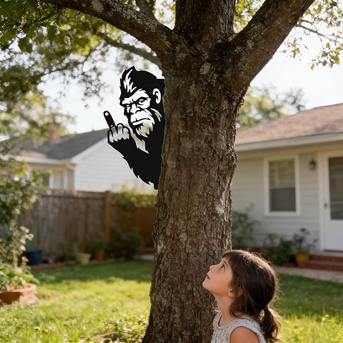 Black Middle Finger Bigfoot Peeping Animal Metal Sign, Bigfoot Yard Decor Outdoor Metal Wall Art, Sasquatch Fence Art Peeking Middle Finger Animal Sign for Garden Patio Tree and House