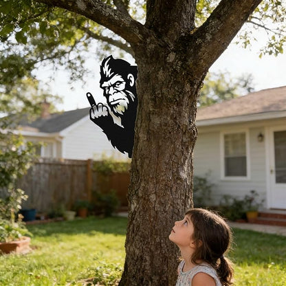 Black Middle Finger Bigfoot Peeping Animal Metal Sign, Bigfoot Yard Decor Outdoor Metal Wall Art, Sasquatch Fence Art Peeking Middle Finger Animal Sign for Garden Patio Tree and House
