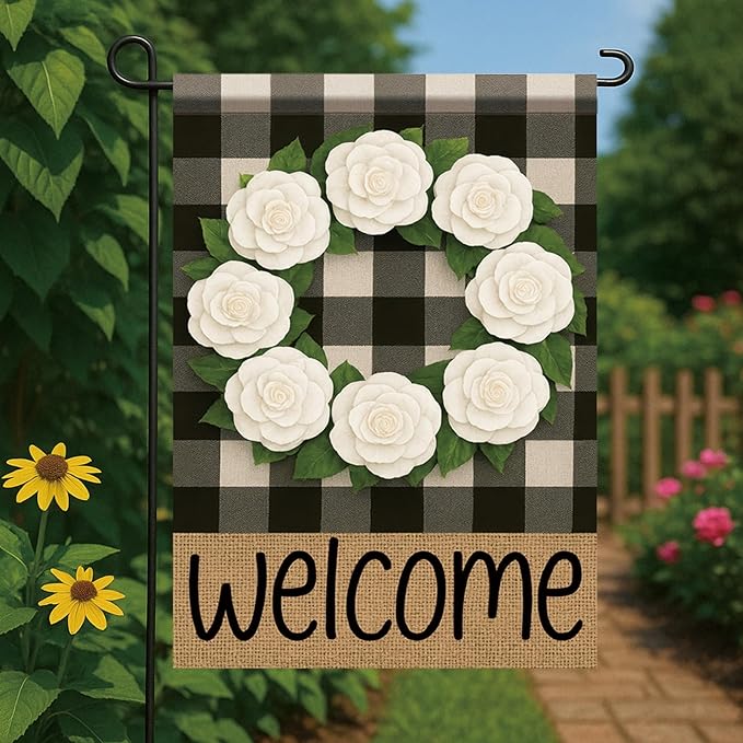 Buffalo Plaid Welcome Wreath Garden Flag White Camellia Flower Flag 12x 18 Inch Double Sided Spring Outdoor Fall Autumn Farmhouse Outdoor Small Decor for Porch Lawn Patio Yard