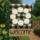 Buffalo Plaid Welcome Wreath Garden Flag White Camellia Flower Flag 12x 18 Inch Double Sided Spring Outdoor Fall Autumn Farmhouse Outdoor Small Decor for Porch Lawn Patio Yard