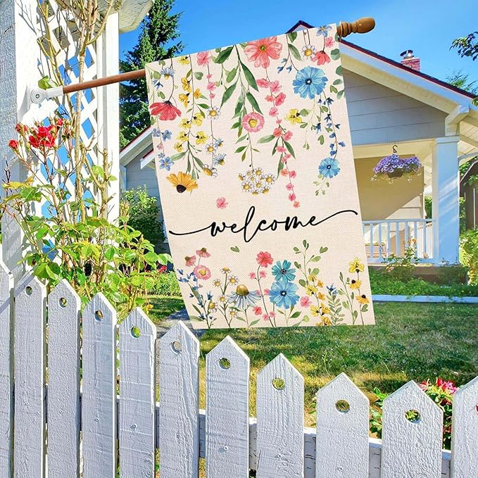 Baccessor Spring Summer Welcome Floral House Flag 28x40 Inch Double Sided Large Yard Flag Outside Outdoor Seasonal Burlap Flowers Flags Home Patio Decoration