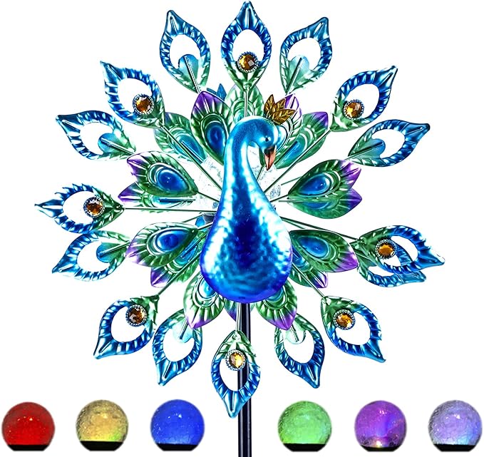 Wind Spinner Outdoor Metal Solar Powered Sculpture Lawn Backyar 15 inch 64 inch Height Kinetic Peafowl Wind Catcher Glass Ball for Garden Lawn Yard Patio Decoration Weather Vane for Garden