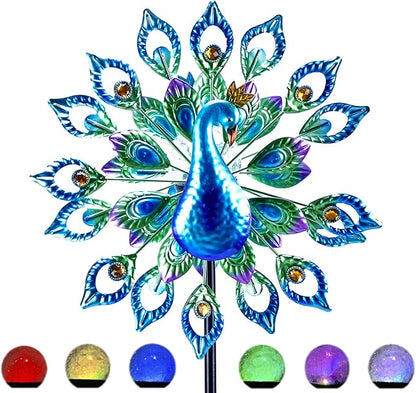 Wind Spinner Outdoor Metal Solar Powered Sculpture Lawn Backyar 15 inch 64 inch Height Kinetic Peafowl Wind Catcher Glass Ball for Garden Lawn Yard Patio Decoration Weather Vane for Garden