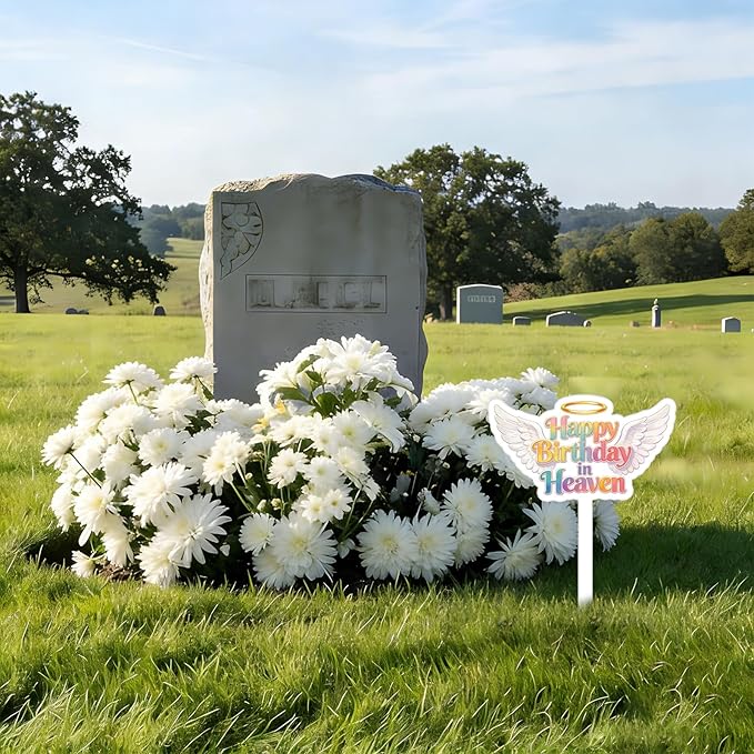 Happy Birthday Grave Decorations, Grave Marker Metal Memorial Remembrance Stake Decor for Garden Yard Outdoor Birthday Decoration Supplies, Heart Memorial Plaque Stake