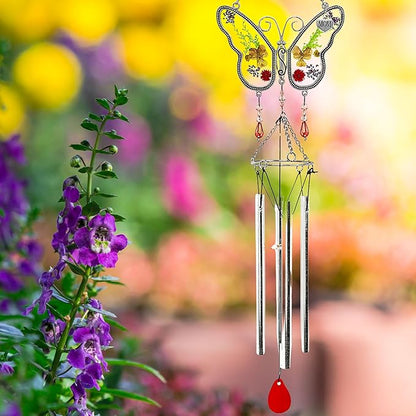 Mom Butterfly Wind Chime with Pressed Flowers - Floral Hanging Wind Chimes for Mom - Mother's Day, Birthday for Mother - Decorative Garden or Window Gift - 20 Inch Long