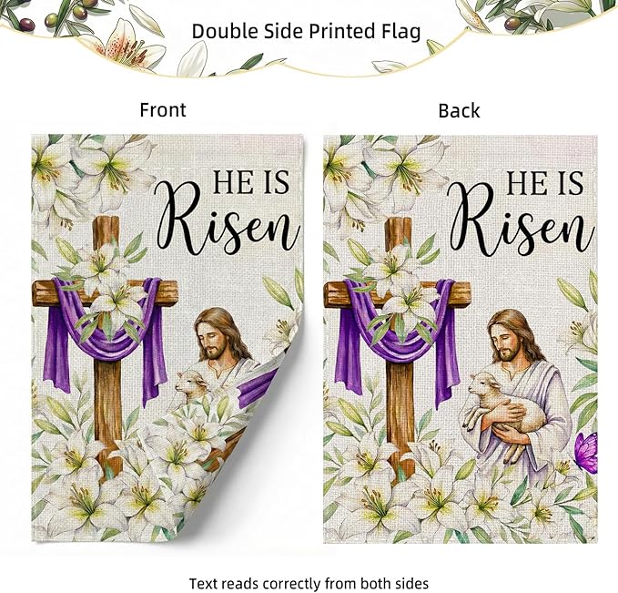 He Is Risen Easter Garden Flag 12x18 Inch Double Sided Outside flag, Jesus, Lamb, Cross, Bouquet of Lilies Yard Outdoor Easter Holiday Decoration