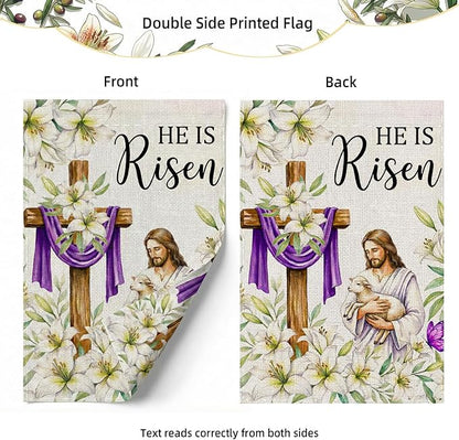 He Is Risen Easter Garden Flag 12x18 Inch Double Sided Outside flag, Jesus, Lamb, Cross, Bouquet of Lilies Yard Outdoor Easter Holiday Decoration