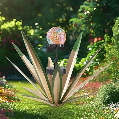 Tequila Rustic Sculpture Metal Yard Decor with Solar Mosaic Light, 21in (H) Hand Painted Metal Agave Garden Statue (1 Pack Green)