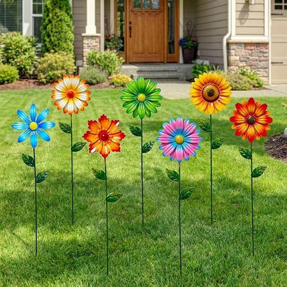Garden Decor for Outside, 7 Pack Flower Garden Stakes Spring Outdoor Decor Metal Flower Stakes for Yard Porch Lawn Pathway Pot Decorations