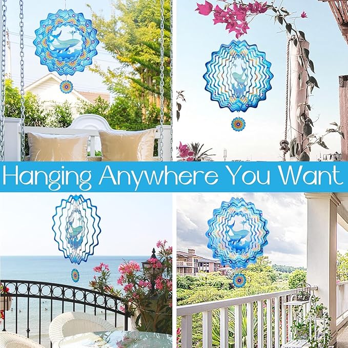 3D Whale Wind Spinner for Outdoor Garden and Yard, 12 inch Kinetic Hanging Wind Sculpture Garden Decor, Metal Patio Art Memorial Gift for Women/Mom/Wife/Grandma &Holiday