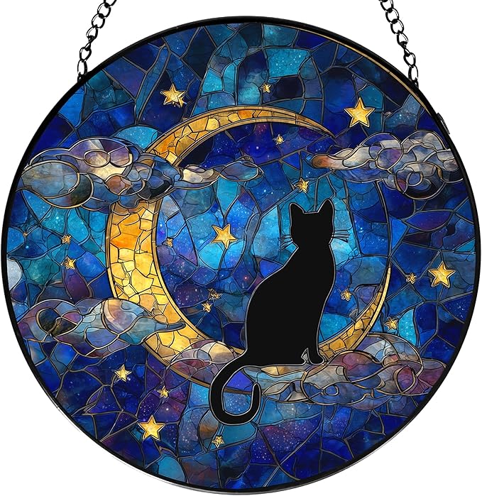 Black Cat Stained Glass Window Hanging, Black Cat on Moon Suncatchers Sun Catchers Indoor Window Glass Wall Art Decorations, Celestial Moon Kitten Round Wall Hanging Decor, 7.9x7.9in