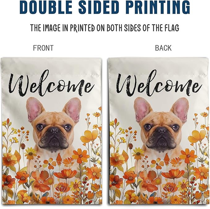 French Bulldog Fall Garden Flag Autumn Dog Yard Sign Orange Floral Thanksgiving Outdoor Banners for Outside 12x18 Double Sided Small Wild Flower Lawn Decorations