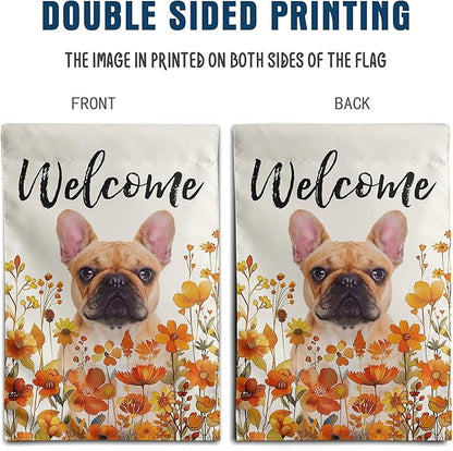 French Bulldog Fall Garden Flag Autumn Dog Yard Sign Orange Floral Thanksgiving Outdoor Banners for Outside 12x18 Double Sided Small Wild Flower Lawn Decorations