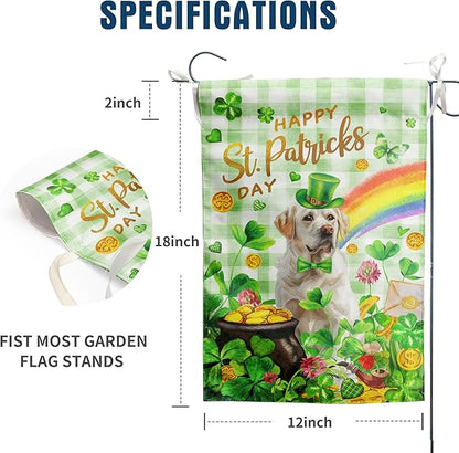 White Lab St Patricks Day Garden Flag Labrador Dog St Patrick's Day Yard Flags for Outside 12x18 Double Sided Buffalo Plaid Shamrock Flag Small Outdoor Rainbow St Patrick's Decor