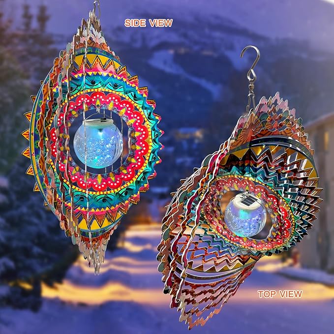 FONMY Solar Wind Spinner Mandala Flame 3D Stainless Steel Hanging Wind Spinners Worth Gift Christmas Decoration Indoor/Outdoor Garden Décor Kinetic Yard Art 12 Inches Multi Red Wind Sculpture