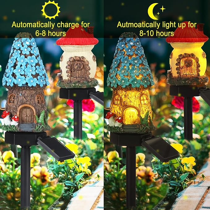 Rossesay 2 Pack Fairy Outdoor Garden Fairy House Mushroom Solar Light Home Statue LED Light for Spring Outside Garden Lawn Walkway Patio Yard Backyard Plant Decoration