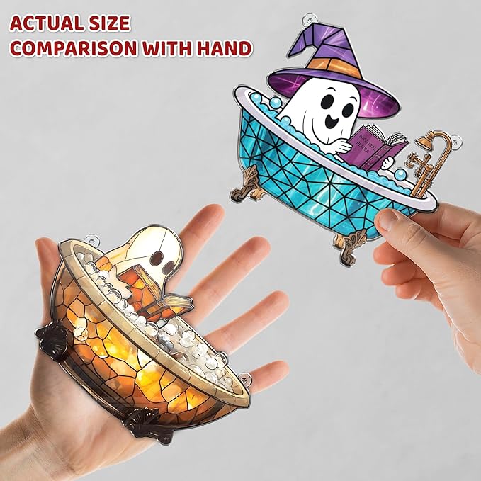 2 Boo Bathtub Acrylic Suncatchers, Gothic Cute Ghost Reading Book Window Hanging 6" Ornaments, Halloween Horror Home Decor Witch Handmade Wall Art, Gift for Women Mom Friends Family