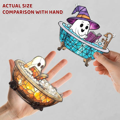 2 Boo Bathtub Acrylic Suncatchers, Gothic Cute Ghost Reading Book Window Hanging 6" Ornaments, Halloween Horror Home Decor Witch Handmade Wall Art, Gift for Women Mom Friends Family