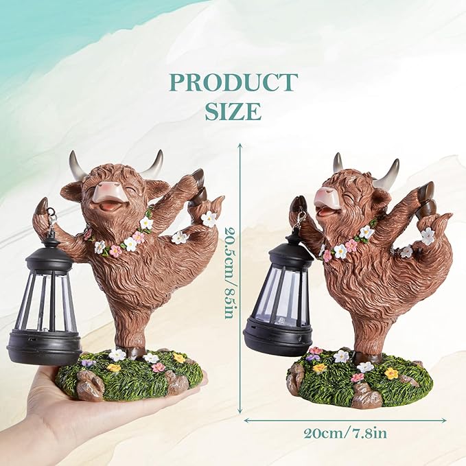 WDS WONDROUS Solar Highland Cow Outdoor Decor with LED Light, Garden Cow Decorations for Home with Flowers, Resin Highland Cow Figurine Gifts for Women Yard Decor Porch Patio Balcony Farmhouse