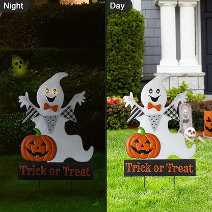 Glitzhome Lighted Metal Ghost Halloween Yard Stake or Wall Hanging Decor, 32" H, White
