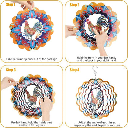 Wind Spinners, Gifts for Women Mom Grandma Wife, 12 inch 3D Stainless Steel Hanging Wind Spinner, Metal Kinetic Wind Sculpture for Indoor/Outdoor Decor, Yard Art, Garden Decorations (Rooster)