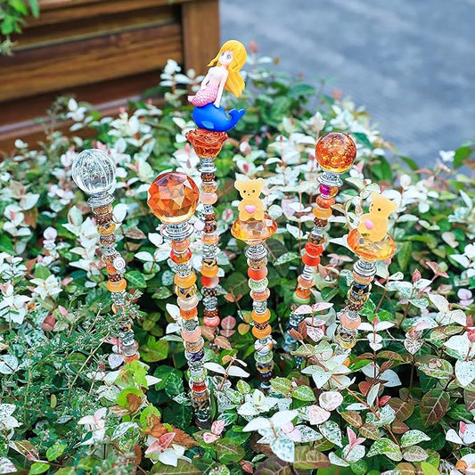 AIPRIDY 158 Pcs DIY Fairy Wand Garden Stakes Kit,Multiple Color Scheme European Beads Crystal Diamond Tops and 12 or 10 Inch Threaded Rods,Stainless Steel Stakes with Diamond Toppe (Sun)