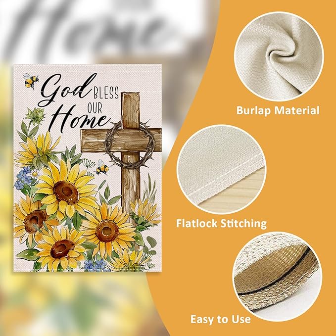 God Bless Our Home Spring Summer Easter Decorative House Flag, Religious Cross Sunflower Floral Garden Yard Outside Decorations, Inspirational Fall Autumn Outdoor Large Home Decor 28 x 40