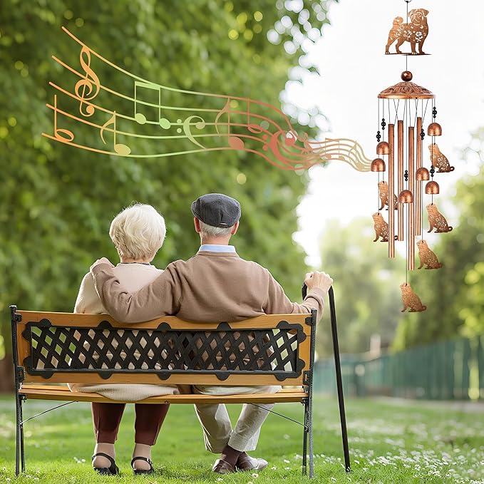 Pug Wind Chimes for Outside, Pug Gifts for Women Men Dog Lovers Metal Windchimes Outdoors, Floral Butterfly Dog Design Home Garden Patio Yard Decor