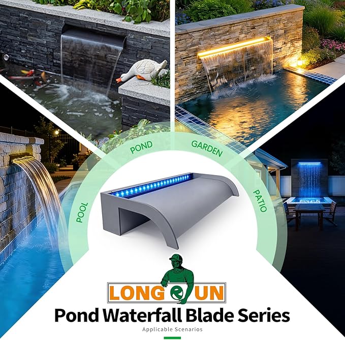 Waterfall Pool Fountain, LONGRUN Acrylic Waterfall Spillway for Pools and Ponds - 11.8" Wide Decorative Water Feature for Swimming Pools, Koi Ponds, and Garden