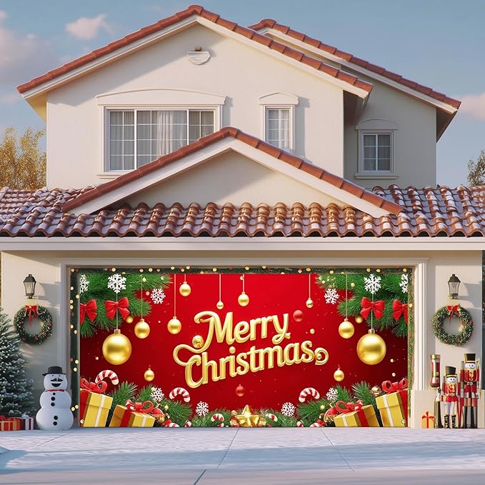 IVN Merry Christmas Happy New Year Garage Door Banner 13x6 ft Christmas Garage Door Cover Wnter Scene Background Indoor Outdoor Red Gold Snowflake Candy Cane Ornaments Gift Boxes Holiday Decorations for Home and Events Wall Backdrop Decor