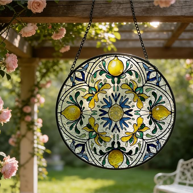 Italian Lemon Stained Glass Window Hanging, Blue and Yellow Mediterranean Lemon Suncatcher Indoor Window Glass Round Wall Art Decor, 7.9x7.9 Inch