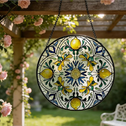 Italian Lemon Stained Glass Window Hanging, Blue and Yellow Mediterranean Lemon Suncatcher Indoor Window Glass Round Wall Art Decor, 7.9x7.9 Inch