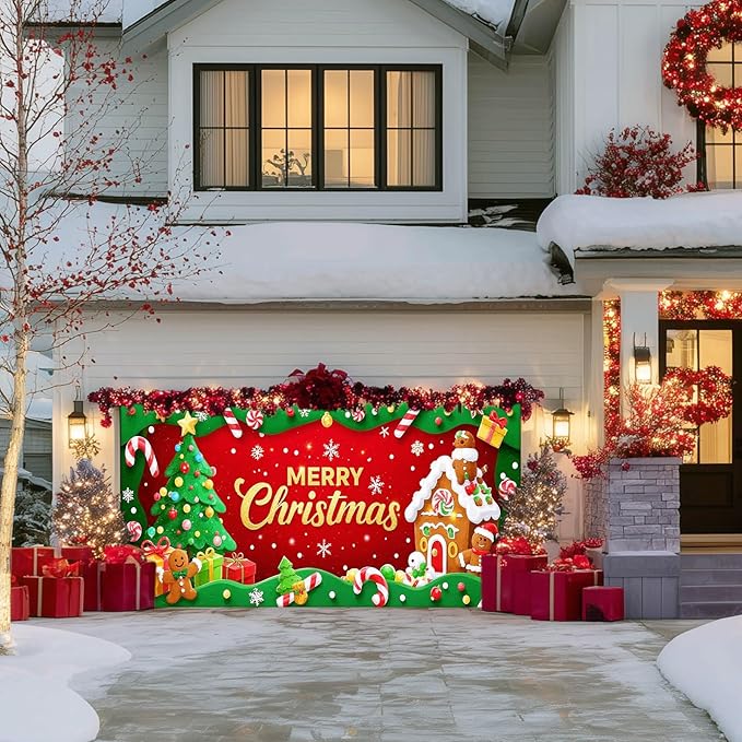 IVN Candy Cane Gingerbread Christmas Scene Garage door banner Door Cover Indoor And Outdoor Studio Background Hanging Decoration 13x6ft