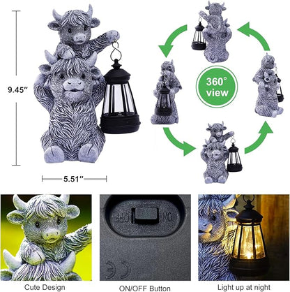 Solar Highland Cow Garden Decor - Resin Cow Statue with Solar Lantern Outdoor Yard Patio Decor - Ideal Gifts for Women,Mom Men (Grey)