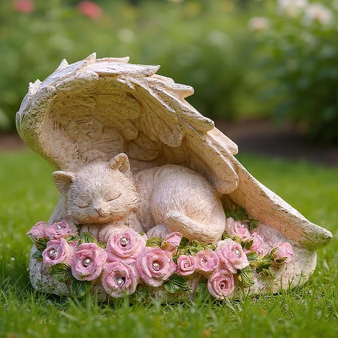 Elenon Cat Pet Memorial Stones Outdoor Statue, A Sleeping Cat Memorial Stones with Solar Light Garden Statue Decor, Pet Loss Sympathy Remembrance Grave Gifts