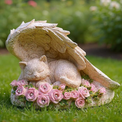 Elenon Cat Pet Memorial Stones Outdoor Statue, A Sleeping Cat Memorial Stones with Solar Light Garden Statue Decor, Pet Loss Sympathy Remembrance Grave Gifts