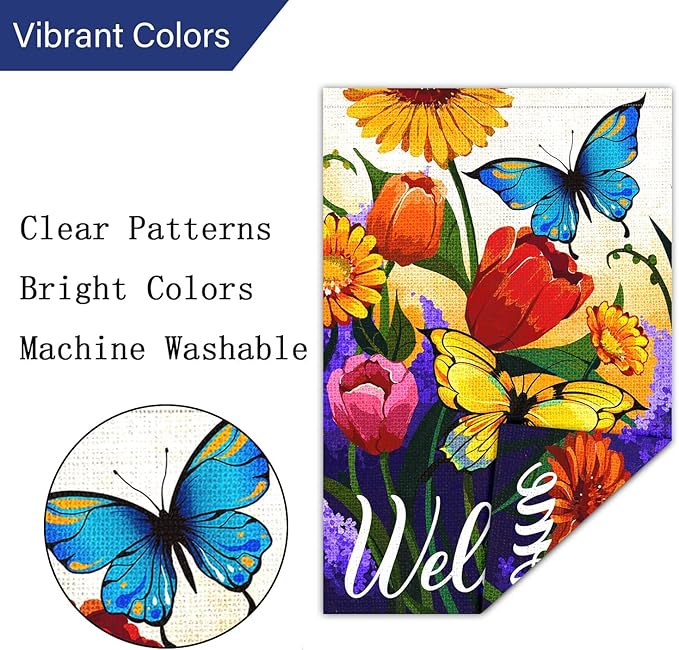 Louise Maelys Welcome Spring Floral House Flag 28x40 Inch Double Sided, Burlap Large Spring Summer Butterfly Yard for Seasonal Outside Outdoor House Decoration