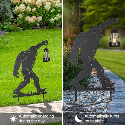 2Pack Solar Outdoor Garden Lights Stakes Solar Metal Bigfoot Lawn Deco Statue Black Bigfoot Patio Garden Decorative Stakes with Lantern Christmas Birthday Gifts for Women Mom and Grandma