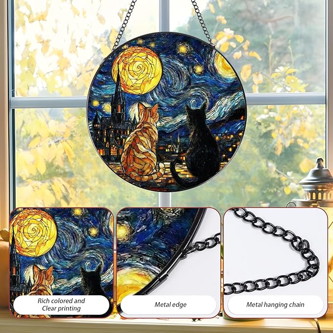 Rngmsi Stained Glass Window Hanging, 7.8″ Cat Oil Painting Sun Catchers with Hook Indoor Window Decor, Decorative Suncatchers Hanging Ornaments Home Garden Art Gift for Housewarming