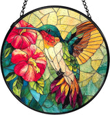 Hummingbird Suncatcher Stained Glass Window Hanging, Hummingbird Flower Sun Catchers Indoor Window Glass Wall Art Decor, Bird Wall Hanging Decor Decorations, 7.9x7.9 Inch 038-MH-BLGH