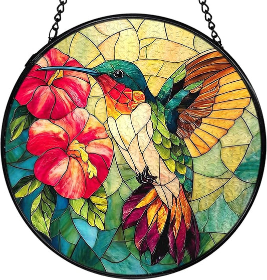 Hummingbird Suncatcher Stained Glass Window Hanging, Hummingbird Flower Sun Catchers Indoor Window Glass Wall Art Decor, Bird Wall Hanging Decor Decorations, 7.9x7.9 Inch 038-MH-BLGH