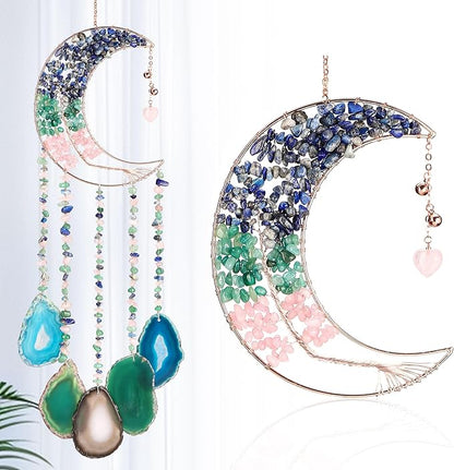 Yoption Lapis Lazuli Moon Tree of Life Agate Slice Wind Chime, Handmade Healing Crystal Stone Wind Chime for Home Wall Garden Decorative Ornament, Unique Gift
