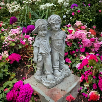 Boys on Stump Figure Outdoor Young Boys Figurine Two Boys Standing Statue