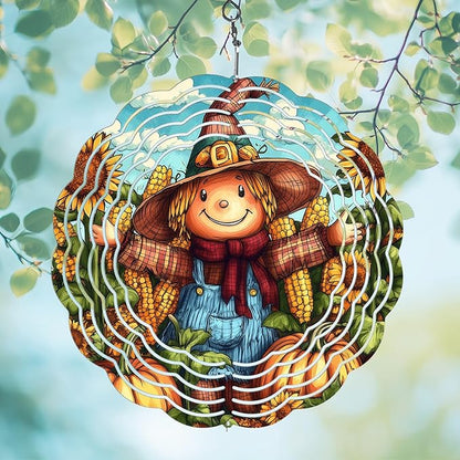 Pumpkin Scarecrow Wind Spinners Outdoor, Hanging Wind Spinner for Garden Decoration, 8 inch 3D Stainless Steel Metal Wind Sculpture for Indoor/Outdoor Decor