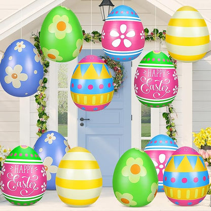 Jetec 12 Pcs Inflatable Easter Eggs Decorations 12 Inch Easter Inflatables Outdoor Decor PVC Large Outdoor Colorful Eggs Bunny Blow up Yard Ornaments for Yard Lawn Garden Party(Vibrant)