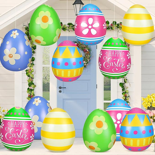 Jetec 12 Pcs Inflatable Easter Eggs Decorations 12 Inch Easter Inflatables Outdoor Decor PVC Large Outdoor Colorful Eggs Bunny Blow up Yard Ornaments for Yard Lawn Garden Party(Vibrant)