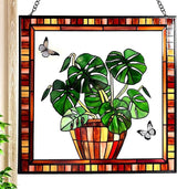 Monstera and Butterflies Stained Glass Suncatcher Panel 7.8x7.8 inches Square Window Hanging Panel for Home Decor Handcrafted Real Glass Window Art for Wall or Garden