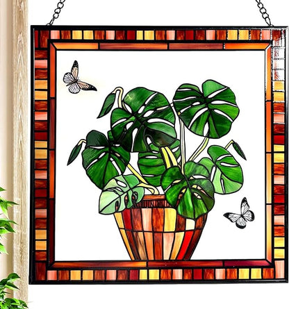 Monstera and Butterflies Stained Glass Suncatcher Panel 7.8x7.8 inches Square Window Hanging Panel for Home Decor Handcrafted Real Glass Window Art for Wall or Garden
