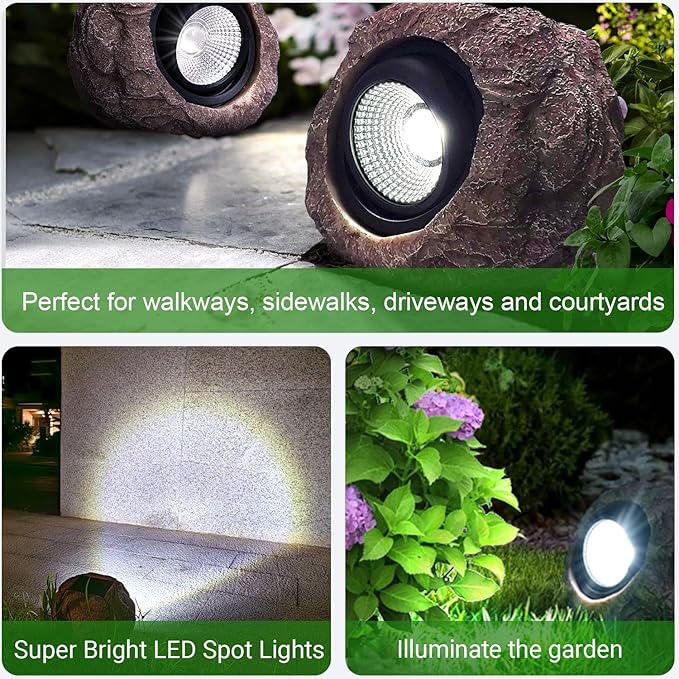 Solar Rock Lights Outdoor Waterproof - [4 Pack] Realistic Stone Solar Powered Garden Lights, LED Decorative Landscape Lighting for Pathway, Yard, Walkway, Lawn, Rockery, Warm White